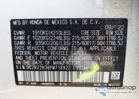 2023 Honda Hr-V Awd Lx from USA, damaged, VIN 3CZRZ2H36PM718922